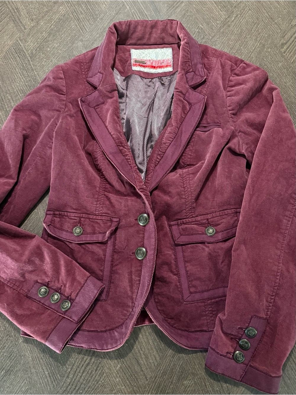 Free People Women’s Burgundy Velvet Blazer, Size 12, Military Crest Buttons